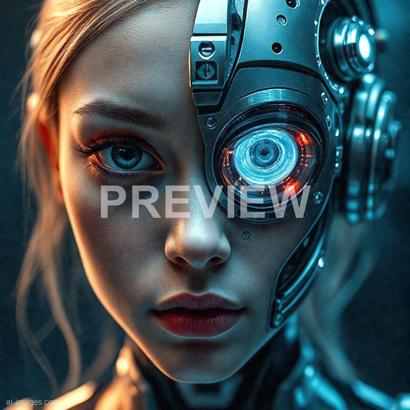The image features a young woman with striking blue eyes and long, wavy blonde hair. She has a serious expression and is shown in a close-up view. One half of her face is human, while the other half is a high-tech, metallic cybernetic eye and facial prosthetic, giving her a futuristic, cyberpunk appearance with glowing elements and intricate mechanical details.